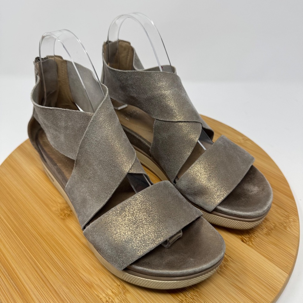 Eileen Fisher Sandals Womens 7 Grey Gold Metallic Suede Platform Wedge Strappy